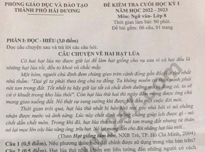 Đề thi kì 1 lớp 8 môn Văn 2022 - Phòng GD Hải Dương