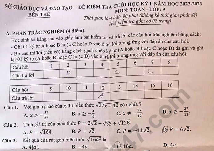 Đề thi kì 1 môn Toán lớp 9 - Sở GD Bến Tre năm 2022 (Có đáp án)