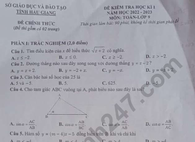 Đề thi môn Toán kì 1 lớp 9 năm 2022 - Sở GD Hậu Giang