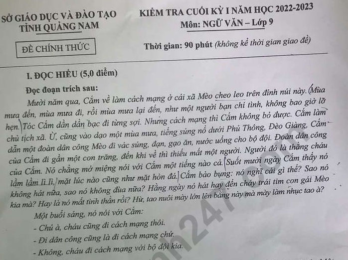 Đề thi cuối kì 1 lớp 9 môn Văn 2022 - Sở GD Quảng Nam