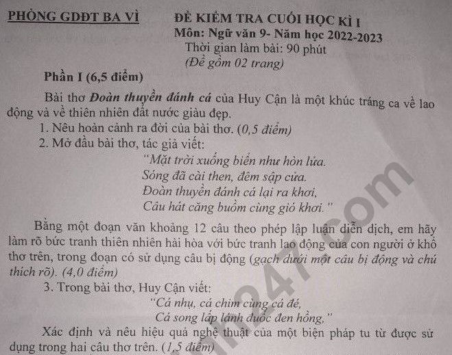 Đề thi cuối kì 1 lớp 9 năm 2022 môn Văn - Phòng GD Ba Vì