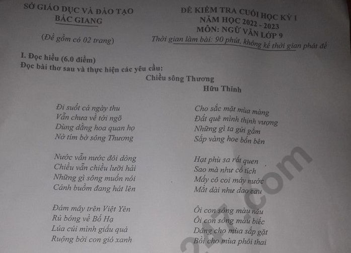Đề thi kì 1 lớp 9 môn Văn 2022 - Sở GD Bắc Giang