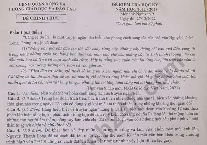 Đề thi học kì 1 môn Văn lớp 9 năm 2022 - Quận Đống Đa