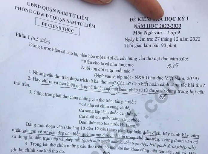 Đề thi học kì 1 lớp 9 môn Văn 2022 - Quận Nam Từ Liêm