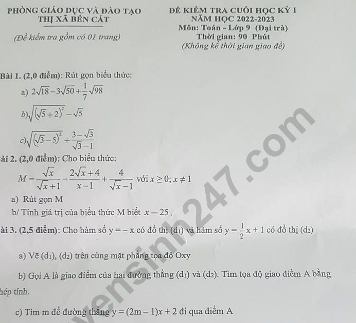 Đề thi kì 1 lớp 9 môn Toán năm 2022 - Thị Xã Bến Cát