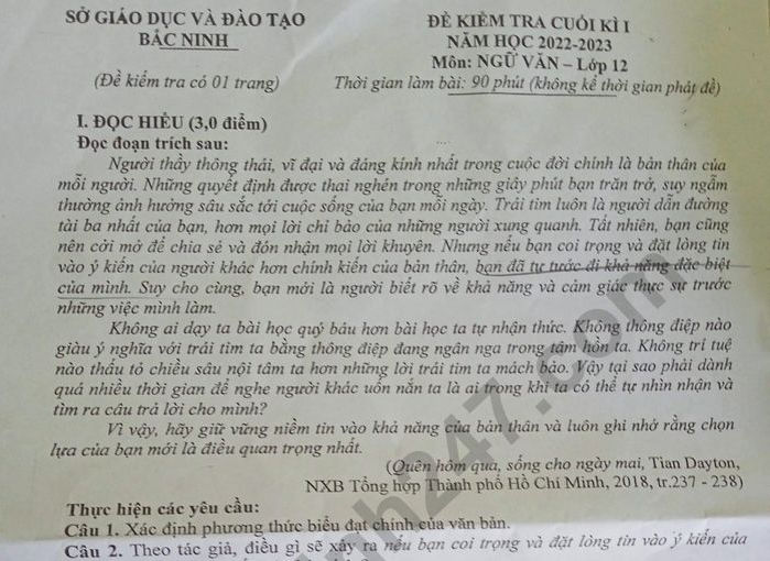 Đề thi cuối kì 1 môn Văn lớp 12 - Sở GD Bắc Ninh năm 2022