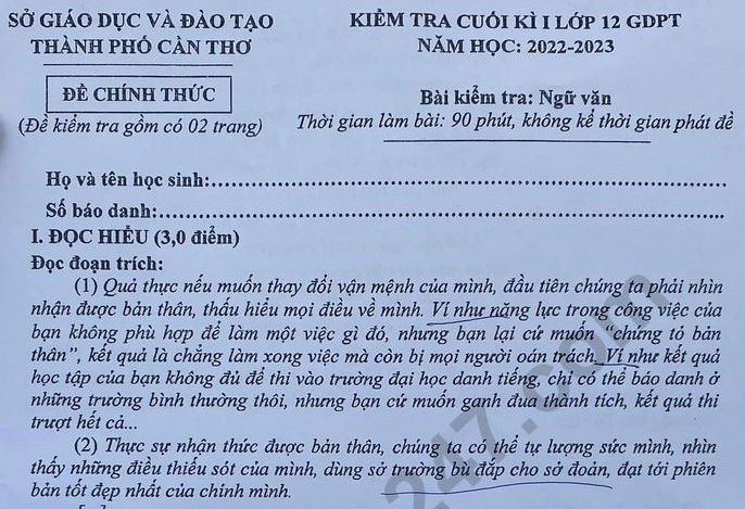 Đề thi học kì 1 lớp 12 môn Văn 2022 - Sở GD Cần Thơ