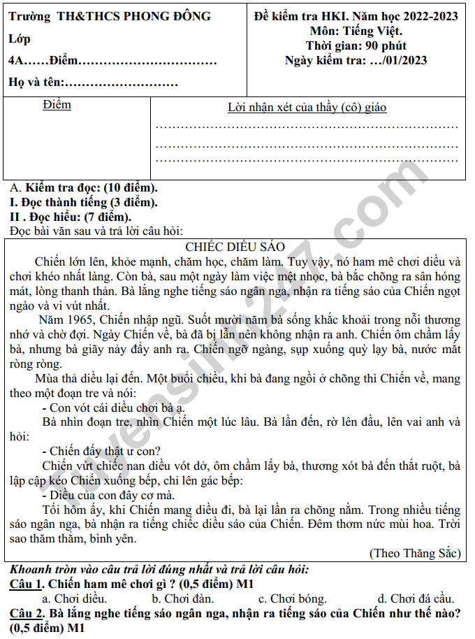 Đề thi kì 1 lớp 4 môn Tiếng Việt 2022 - TH Phong Đông (Có đáp án)