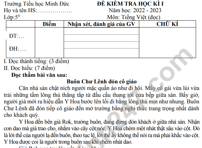 Đề thi kì 1 môn Tiếng Việt lớp 5 - TH Minh Đức 2022 (Có đáp án)