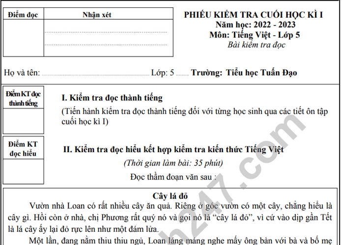 Đề thi kì 1 lớp 5 môn Tiếng Việt 2022 - TH Tuấn Đạo (Có đáp án)