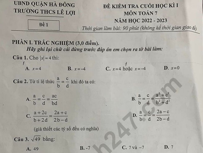 Đề thi kì 1 môn Toán lớp 7 - THCS Lê Lợi 2022