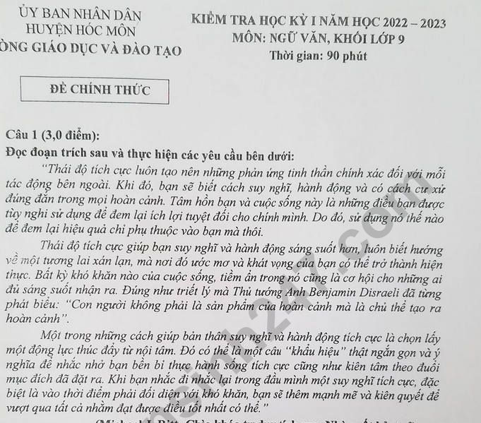 Đề thi kì 1 lớp 9 môn Ngữ Văn năm 2022 phòng GD huyện Hóc Môn