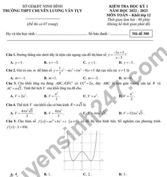 Đề kiểm tra kì 1 môn Toán lớp 12 THPT Chuyên Lương Văn Tụy