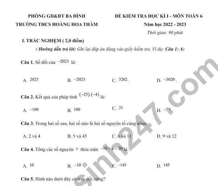 Đề thi cuối kì 1 lớp 6 môn Toán THCS Hoàng Hoa Thám 2022