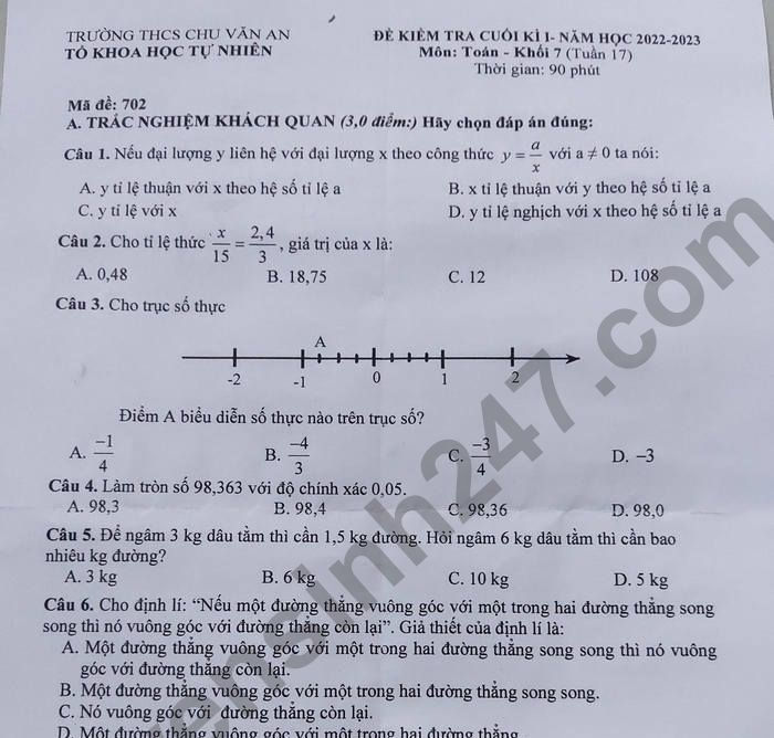 Đề thi học kì 1 môn Toán lớp 7 THCS Chu Văn An 2022