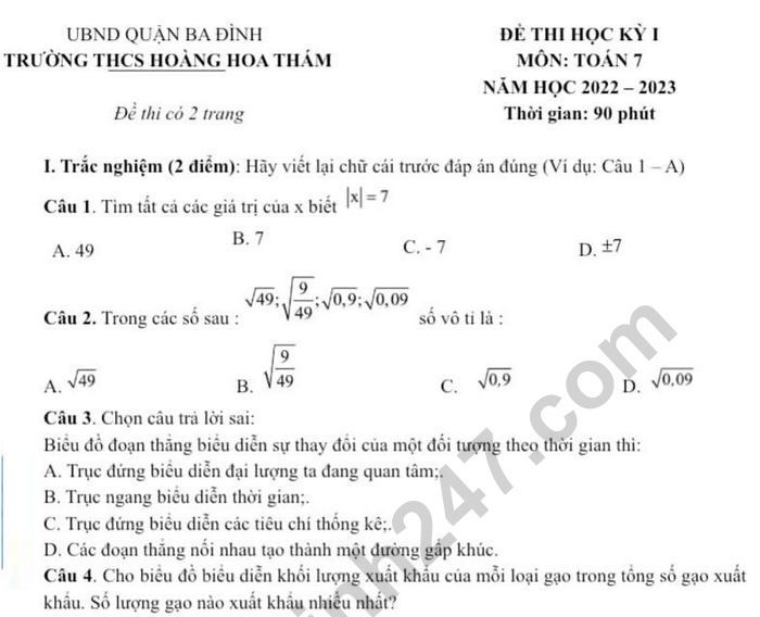 Đề thi HK 1 lớp 7 môn Toán 2022 THCS Hoàng Hoa Thám