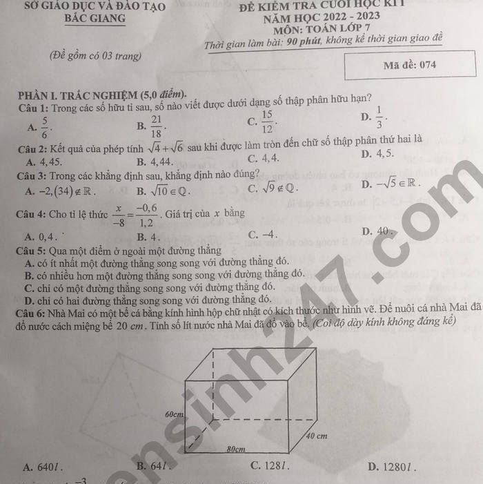 Đề thi kì 1 lớp 7 năm 2022 môn Toán Sở GD Bắc Giang