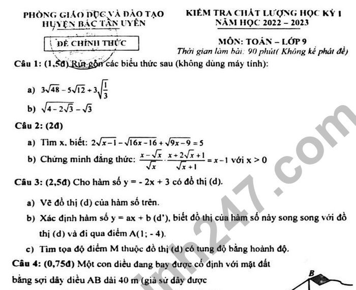 Đề thi cuối kì 1 lớp 9 năm 2022 môn Toán Huyện Bắc Tân Uyên