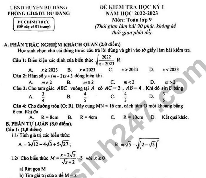 Đề thi HK 1 môn Toán 2022 lớp 9 - Huyện Bù Đăng