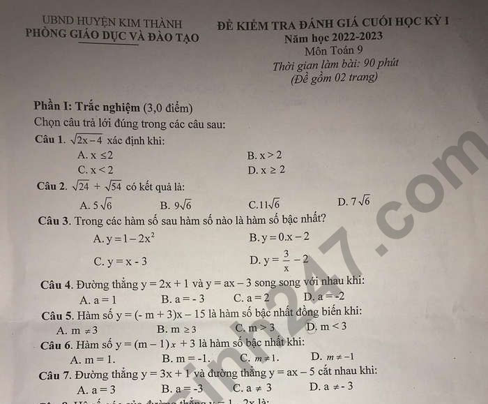 Đề thi kì 1 lớp 9 môn Toán - Huyện Kim Thành 2022