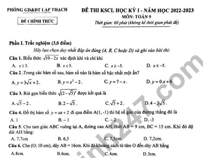 Đề thi kì 1 lớp 9 môn Toán 2022 Huyện Lập Thạch