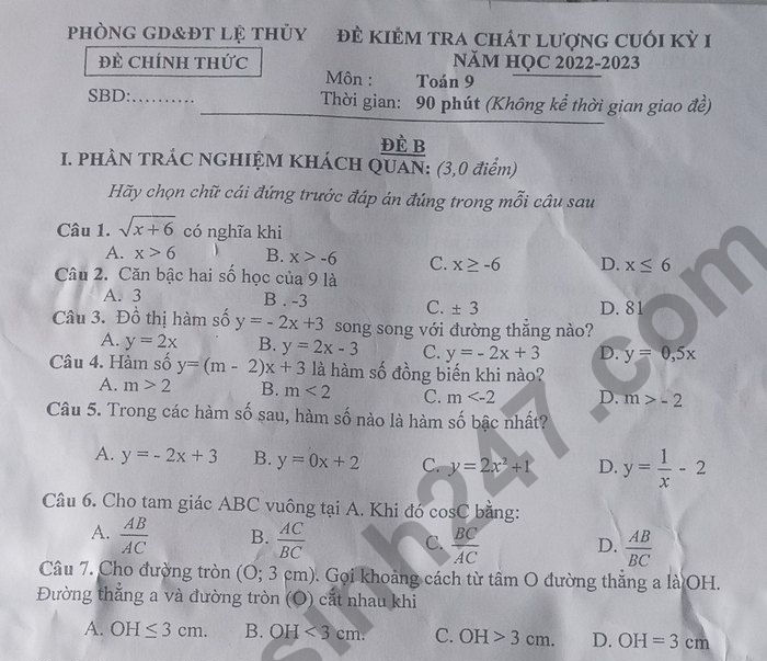 Đề thi học kì 1 lớp 9 năm 2022 môn Toán Phòng GD Lệ Thủy