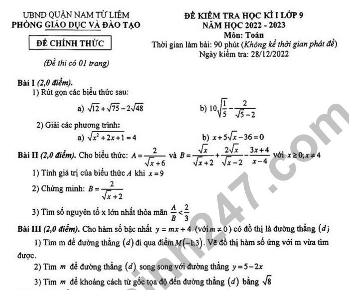Đề thi HK 1 lớp 9 môn Toán 2022 Quận Nam Từ Liêm
