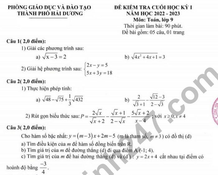 Đề kiểm tra kì 1 môn Toán lớp 9 năm 2022 TP Hải Dương (Có đáp án)