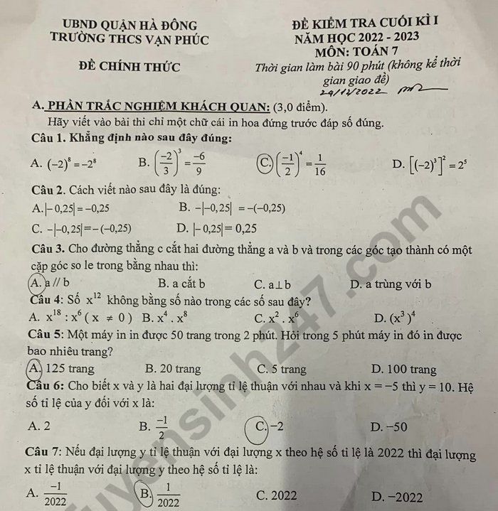 Đề thi học kì 1 lớp 7 năm 2022 môn Toán - THCS Vạn Phúc