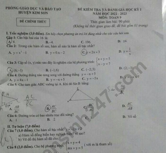 Đề thi kì 1 lớp 9 môn Toán năm 2022 - Phòng GDĐT Huyện Kim Sơn