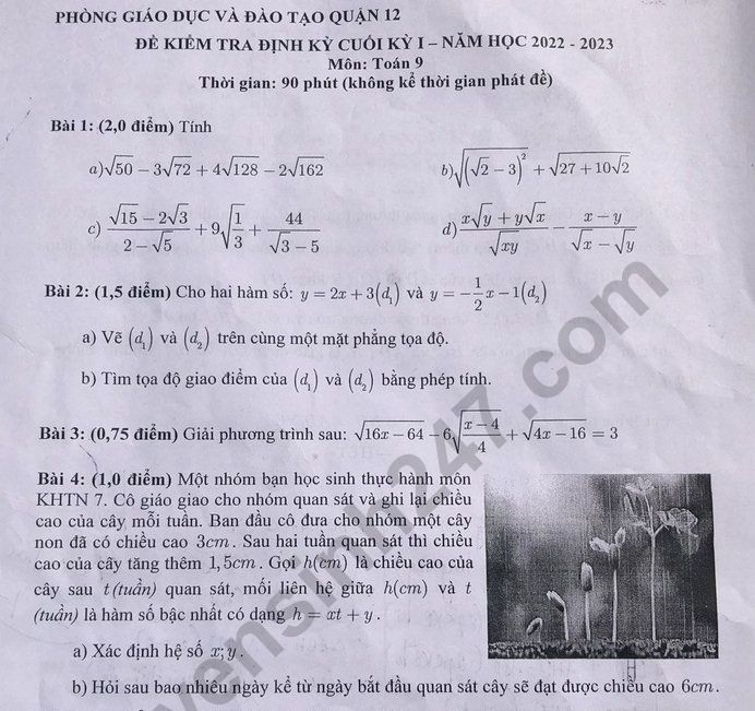 Đề thi học kì 1 lớp 9 năm 2022 môn Toán - Phòng GDĐT Quận 12