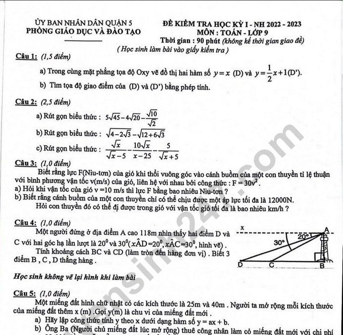 Đề thi HK 1 lớp 9 môn Toán năm 2022 - Phòng GDĐT Quận 5