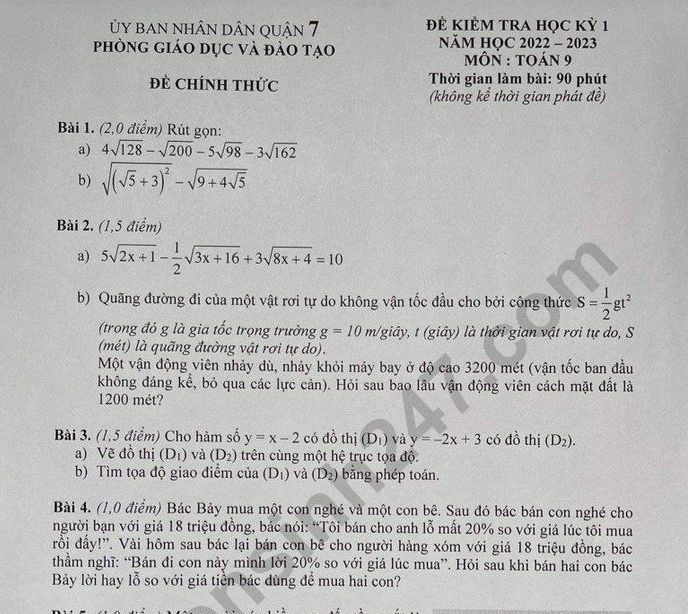 Đề thi học kì 1 lớp 9 năm 2022 môn Toán - Phòng GDĐT Quận 7