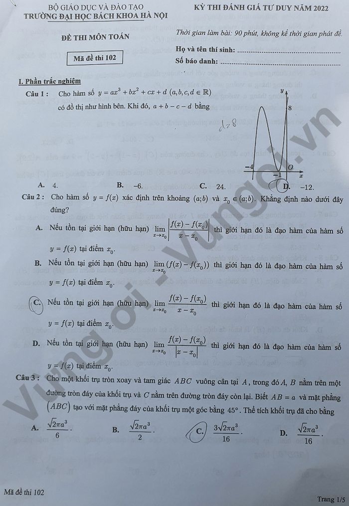 Đề thi đánh giá tư duy môn Toán - ĐH Bách khoa Hà Nội 2022