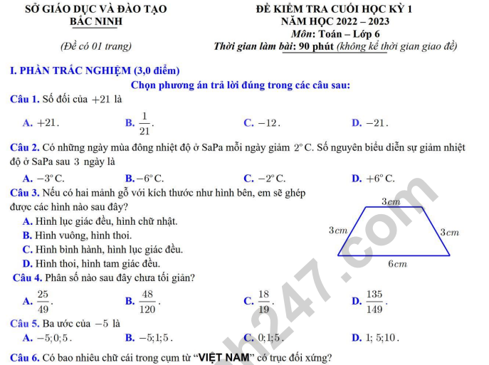 Đề thi kì 1 môn Toán lớp 6 năm 2022 (Có đáp án) - Sở GD Bắc Ninh