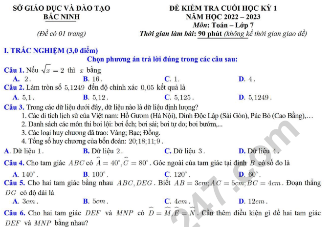 Đề thi kì 1 môn Toán lớp 7 năm 2022 (Có đáp án) - Sở GD Bắc Ninh