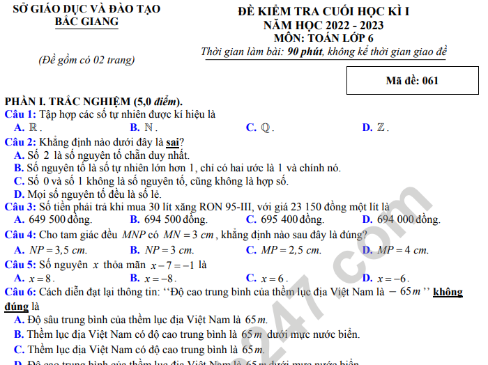 Đề thi kì 1 lớp 6 môn Toán - Sở GD Bắc Giang 2022 (Có đáp án)