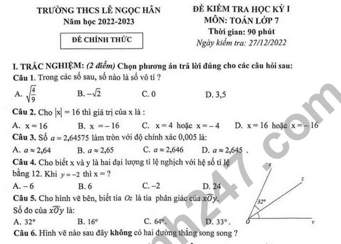 Đề thi học kì 1 lớp 7 môn Toán THCS Lê Ngọc Hân 2022