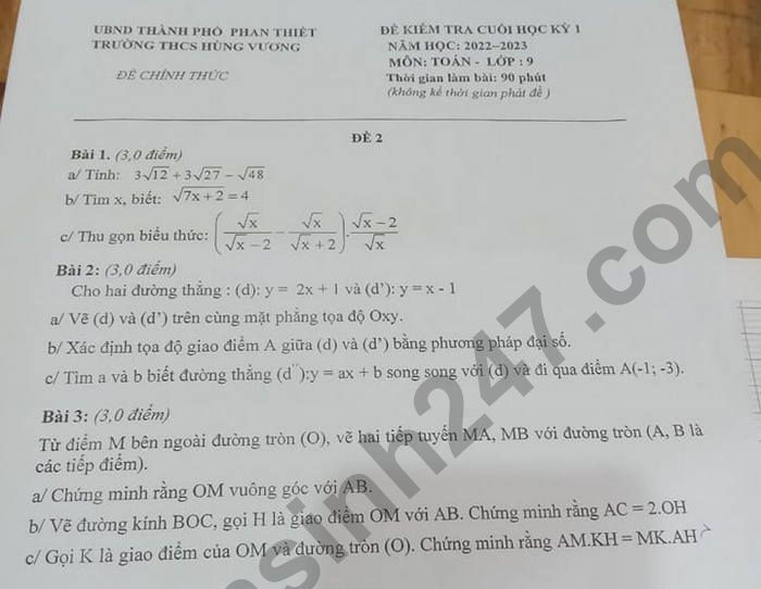 Đề kiểm tra kì 1 lớp 9 năm 2022 môn Toán THCS Hùng Vương