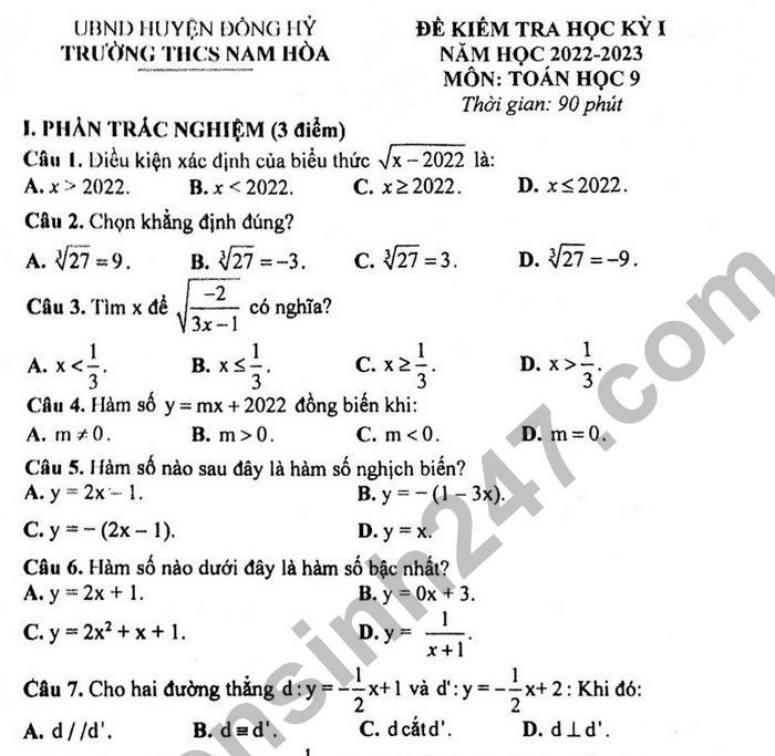 Đề kiểm tra kì 1 lớp 9 môn Toán 2022 THCS Nam Hòa