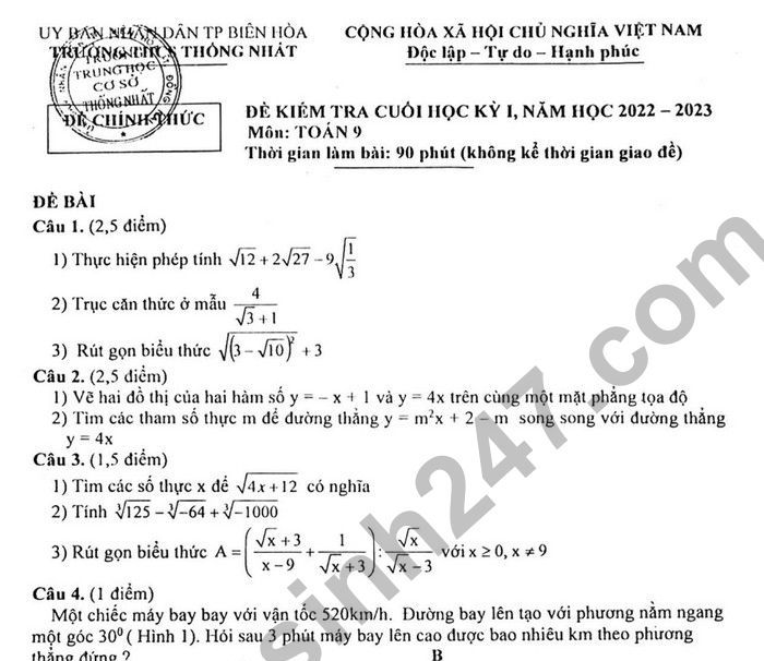 Đề thi kì 1 môn Toán lớp 9 năm 2022 THCS Thống Nhất