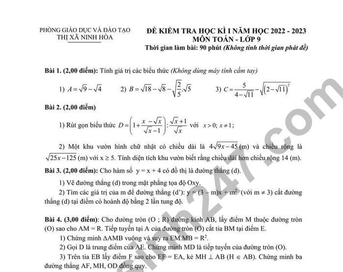 Đề thi HK 1 lớp 9 môn Toán 2022 TX Ninh Hòa