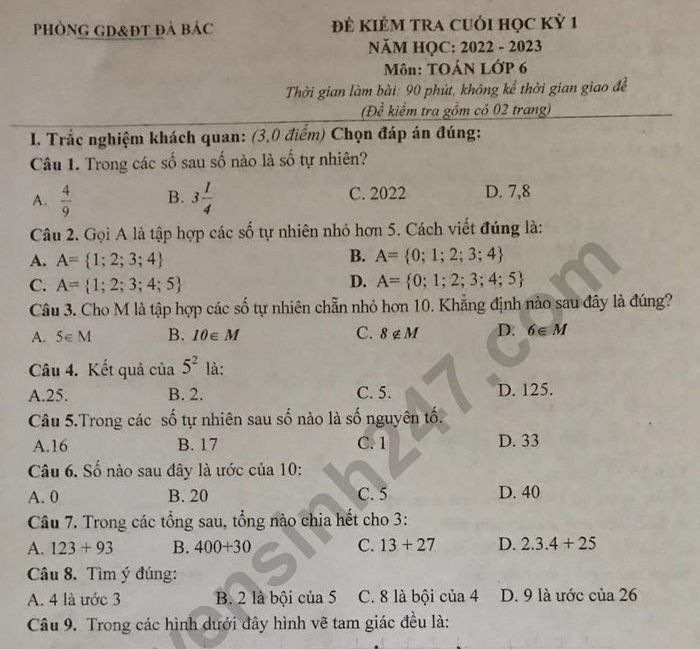 Đề thi kì 1 lớp 6 môn Toán năm 2022 - Phòng GDĐT Đà Bắc