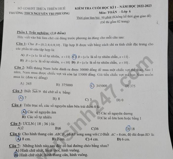 Đề thi cuối kì 1 môn Toán lớp 6 - THCS Nguyễn Tri Phương năm 2022