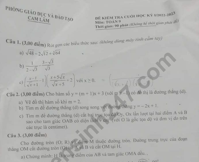 Đề thi kì 1 lớp 9 môn Toán năm 2022 - Phòng GDĐT Cam Lâm