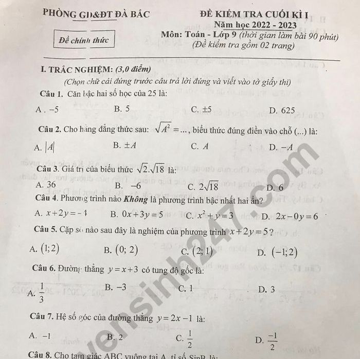 Đề thi kì 1 lớp 9 môn Toán năm 2022 - Phòng GDĐT Đà Bắc