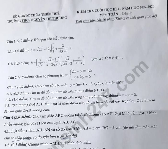 Đề thi kì 1 lớp 9 môn Toán năm 2022 - THCS Nguyễn Tri Phương