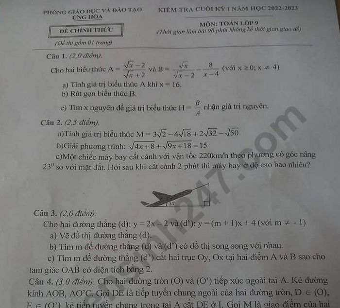 Đề thi cuối kì 1 môn Toán lớp 9 - Phòng GDĐT Ứng Hòa năm 2022