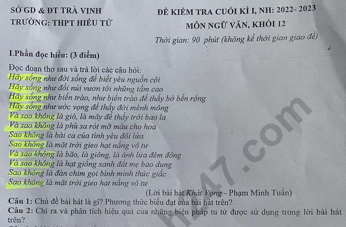 Đề thi kì 1 môn Văn lớp 12 năm 2022 - THPT Hiếu Tử