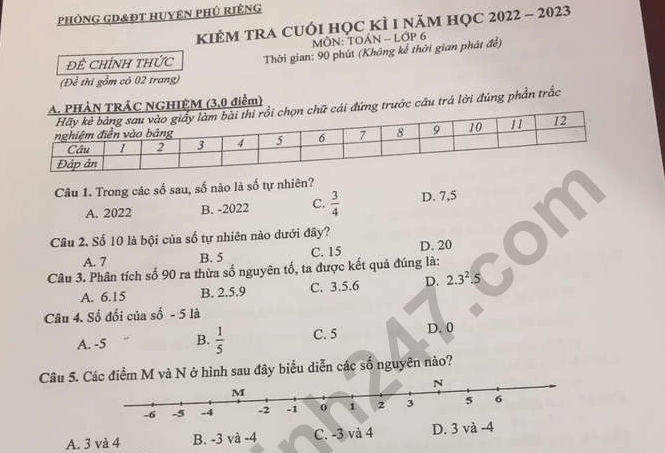 Đề thi kì 1 lớp 6 môn Toán 2022 - Phòng GD Phú Riềng